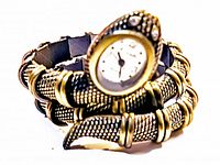 Gold-tone coiled python snake design watch viewed from an angle showing the full watch band coiled and the clasping snake head wrapping around.