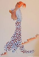 Close-up of the watercolor and pen and ink painting depicting a woman with a red headscarf and floral skirt, signed by Andrea Rebecca.