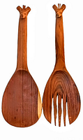 Front view of hand carved wooden salad servers showing giraffe head on top and feet at the base of the handles. One spoon and one fork with four tines.
