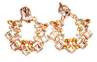 Front view of the pair of vintage rhinestone pierced earrings showing stone arrangement and gold-tone metal setting.