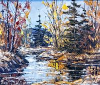 Close-up image of the oil painting showing a stream and mixed trees in autumn colors with visible signature in lower right corner.