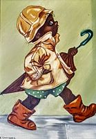 Close-up of the child figure in raincoat and boots walking with umbrella.