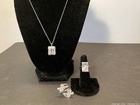 Jewelry set including necklace with pendant on black display and two rings on black ring displays