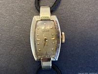 Watch front view showing black dial with Tudor logo and gold dot hour markers
