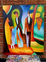Full view of abstract painting with three stylized human figures and colorful background.