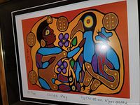 Close up image of the artwork showing signature, numbering (85/300), and title 'Childs Play' by Christian Morrisseau.