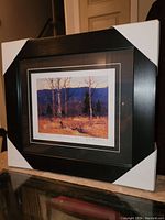 Framed print of Tom Thomson's "Little Cauchen Lake" shown with protective corner covers on the frame.