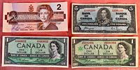 Four Canadian banknotes laid flat: $2 bill, two $1 bills, and $5 bill, all showing front sides except the second $1 bill's back