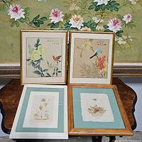 Four framed artworks on display: two Chinese bird silks in gold frames and two pressed flower prints with blue mats in wood and white frames.