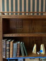 Books arranged on bottom shelf of wooden shelving unit, showing the six stone bookends and several books including classic titles.