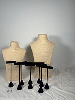 Full lot showing 2 beige bust necklace displays, 9 black T-bar earring displays, and 1 acrylic display stand