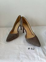 Front angle view of the brown suede leather pointed toe heeled shoes by Jessica Simpson, size 8.