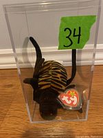 Ty Beanie Baby spider plush with tiger-print body inside clear protective display case, tag visible