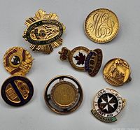 Eight assorted enamel and gold tone pins laid out on grey background