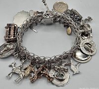 Overall view of the charm bracelet showing multiple silver charms and the chain coiled