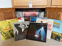 Wide view of open cabinet with over 100 vinyl record LPs stored inside, showing titles visible in front including Ella Fitzgerald and Frank Sinatra.