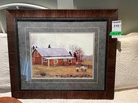 Framed farm scene print by Don Vack, showing barn, sheep, and trees, with dimensions sticker visible.