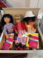 Three Karito Kids dolls seated in box with associated books and accessories.