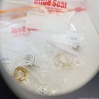 Close-up of some earring pairs in resealable bags, showing details like spiral silver-tone earrings and textured gold-tone hoops.