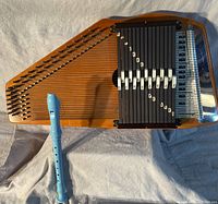 Full view showing the wooden autoharp with black metal chord bars and strings alongside the pigeon eggshell blue recorder.