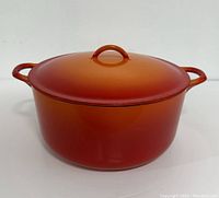 Exterior view of the orange-red enamelled cast iron pot with lid on, showing the loop handles on sides and handle on lid.