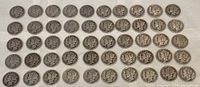45 Mercury dimes arranged in 5 rows on white cloth