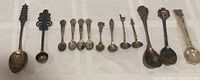 Full lineup of 13 assorted spoons with varying handle designs showing different shapes and sizes.