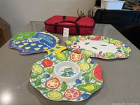 Image showing the three colorful acrylic trays with fruit and vegetable patterns, the red insulated carry bag, and the freezer pack on a table.