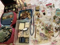 Overview of the lot showing pink zippered case, plastic bin, bracelets, necklaces, assorted jewelry pieces