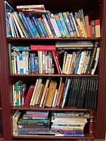 Bookshelf with multiple shelves holding a large collection of art and travel books. Titles visible include travel guides, city books, and art books in various sizes and colors.
