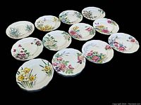 Full set of twelve Royal Albert Flower of the Month plates arranged on black background to show each unique floral design.