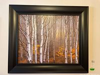 Framed textured print showing a birch tree stand with autumn leaves, framed in dark wood; overall dimensions about 32x39 inches.