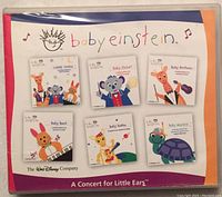 Front cover of Baby Einstein 6-CD box set showing album art for six CDs featuring child-friendly animal characters playing musical instruments.