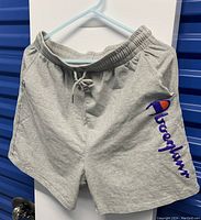 Front view of gray Champion shorts hanging on a blue hanger, showing elastic waistband and logo with embroidered text on left leg.