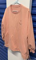 Full view of light pink long sleeve pullover sweatshirt hung on white hanger against blue background.