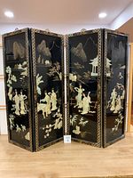 Full view of two hinged decorative screens with carved details in black lacquer and brass hooks for hanging.