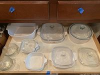 Photo showing all bakeware and bowls including petite pans, casseroles and glass Pyrex bowls.