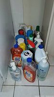 Photo of cleaning supplies arranged on tile floor showing various brands and types including Lysol, Equate, Live Clean, with bottles of multiple colors and caps