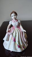 Front view of Royal Doulton porcelain figurine featuring a young woman in a white and pink dress decorated with floral patterns, holding a basket.