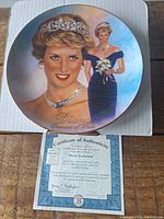 Front of vintage collector's plate showing Diana, Princess of Wales in a blue gown and tiara, with inscription 'Diana Princess of Wales' and Certificate of Authenticity.
