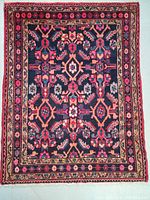 Full view of rug on floor showing field pattern and borders