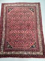 Full top view of Hamedan Persian rug showing overall pattern and color palette