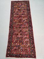 Full-length view of red rectangular runner with repeating paisley motifs and dark border.