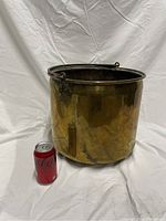 Front angle view of large brass pot next to a Coke can for size reference on white backdrop.