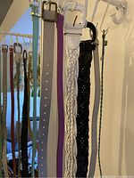 Photo showing multiple belts hanging on a rack, including solid color and braided styles.