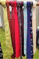 Eight different neckties shown hanging, featuring various colors and patterns including solids, stripes, paisley, and geometric designs.