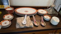 Photo showing the collection of Taiwanese china including oval platters, small dishes, and porcelain serving spoons arranged on a wooden surface.