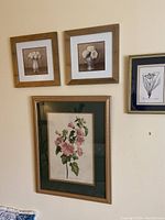 Four framed floral art prints hung on a wall showing various flower images and different frame styles and sizes