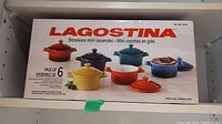 Original box showing the Lagostina brand and image of six colorful stoneware mini casseroles including red, yellow, purple, blue, and orange.