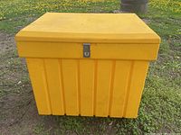 Front view of the large yellow plastic storage bin with lockable lid.
